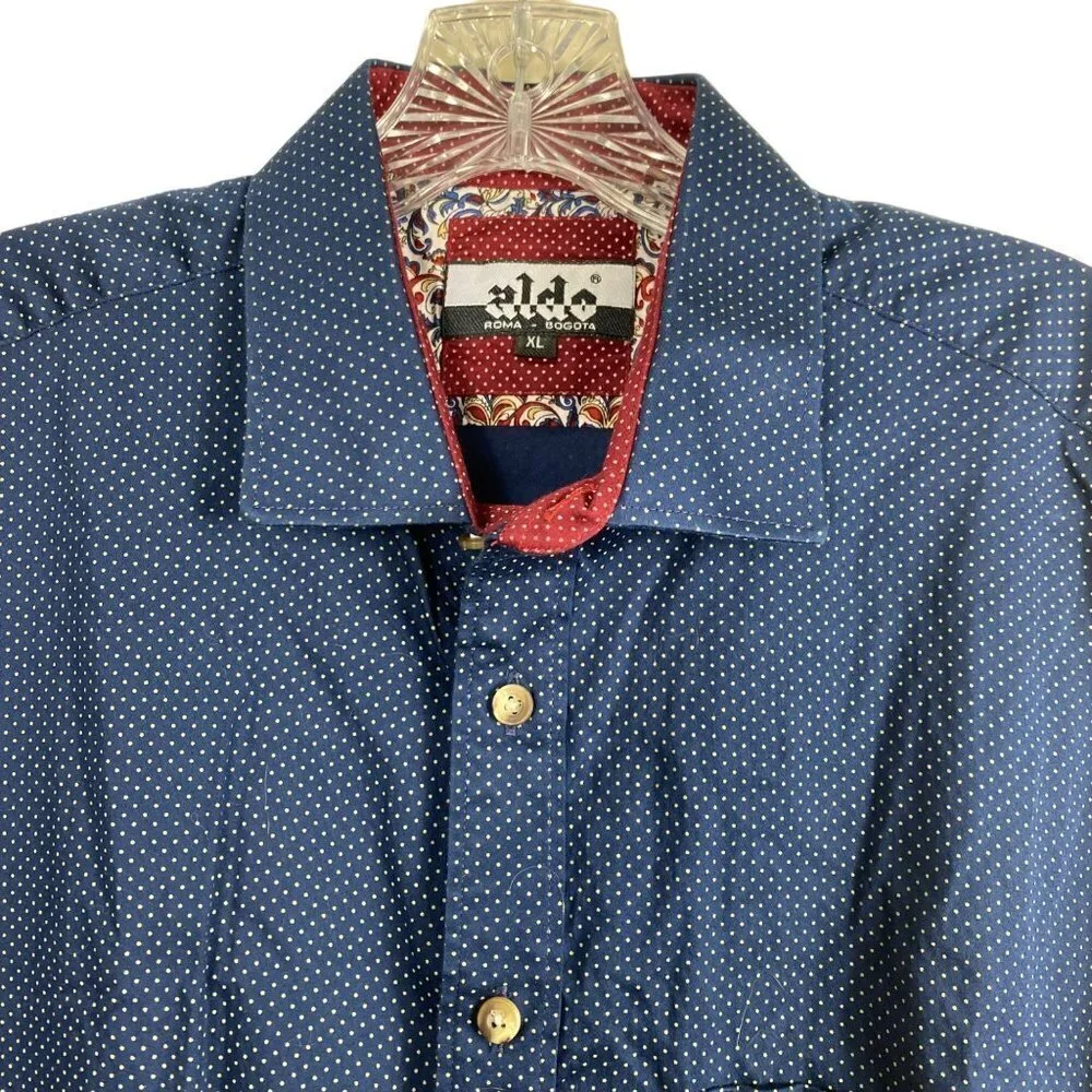 Aldo Men's Blue White Polka Dots Print Cotton Button Down Long Sleeve‎ Shirt XL